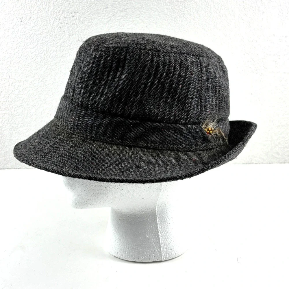 Vintage ACTWU Fedora Hat Mens Small Gray Tweed Union Made Feather Trim Excellent
